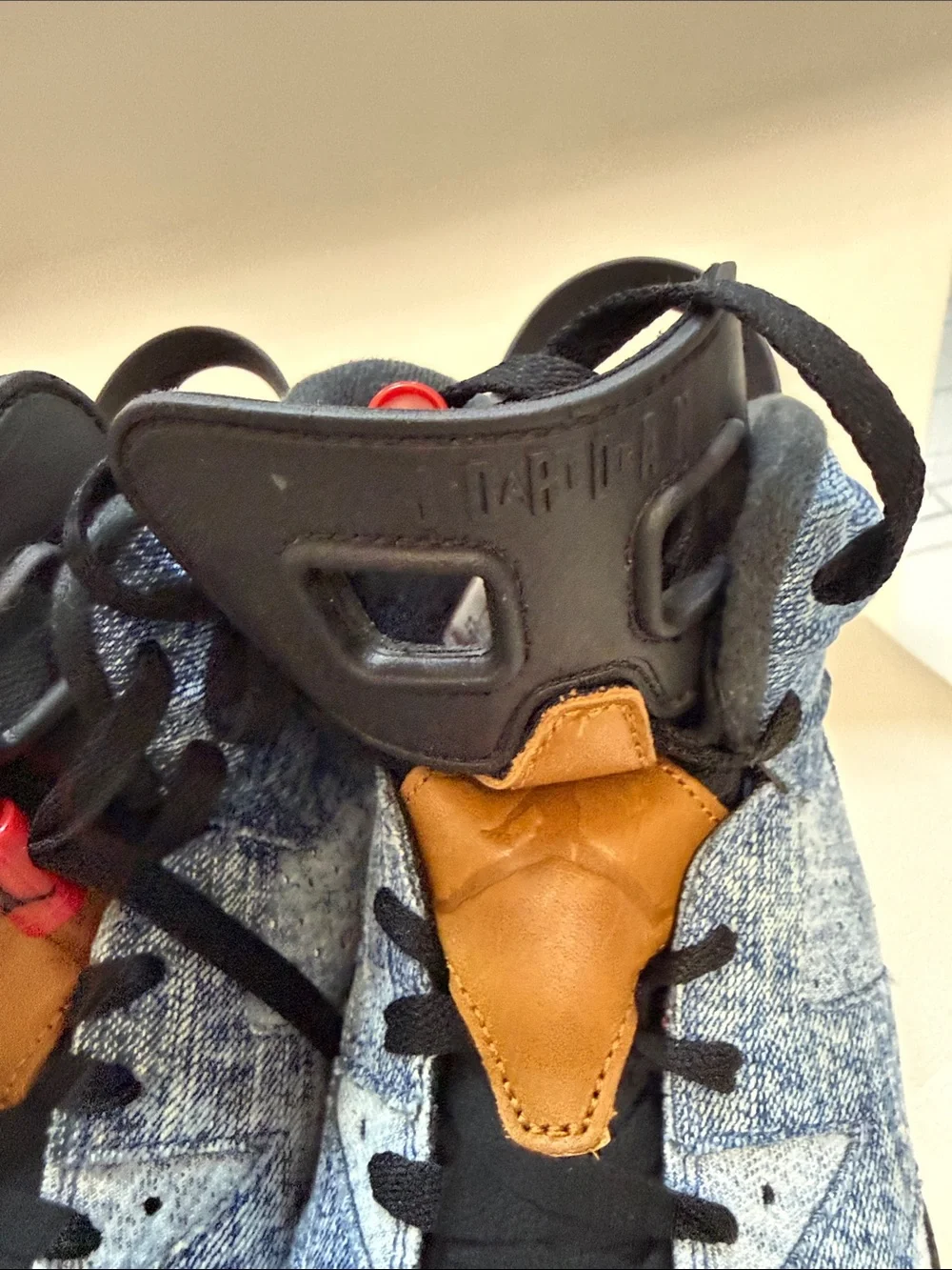 Nike High-Top Denim-Look Sneakers in Blue, Black & Tan with Red Lace Locks